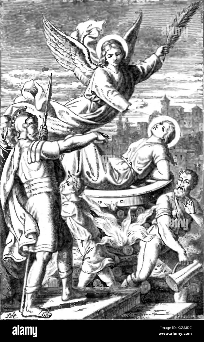 Illustration de livre représentant des personnages saints dans une scène religieuse tirée de « la vie des saints pour chaque jour de l'année ». Banque D'Images