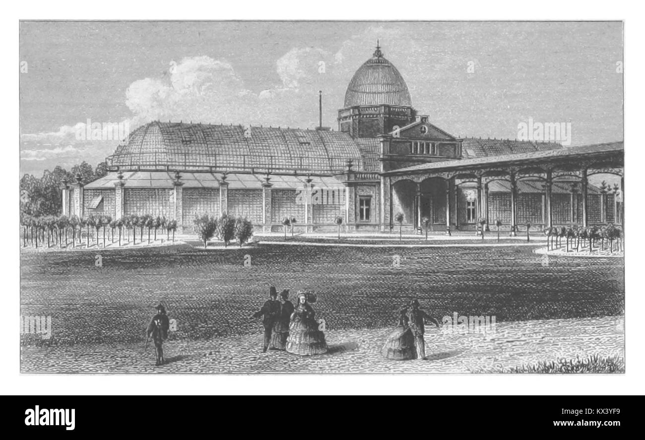Cette publication allemande du XIXe siècle illustre 'Das Neue Gewächshaus mit der Trinkhalle', détaillant une serre avec buanderie, montrant la conception architecturale et la fonction de l'espace social. Banque D'Images