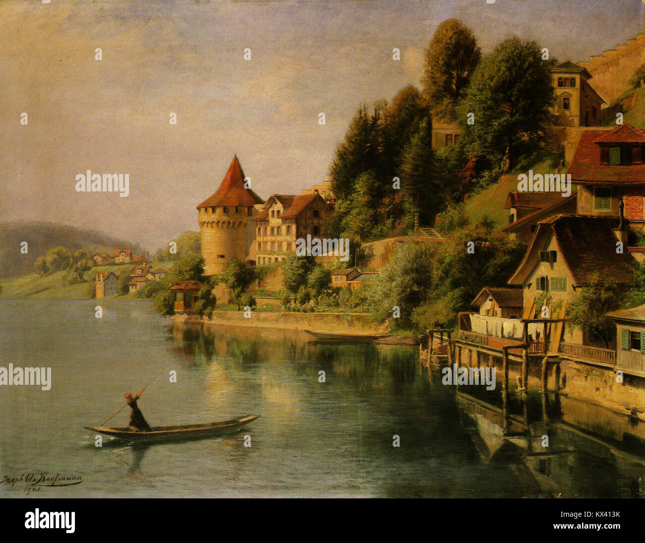 Cette image ou référence représente la rive droite de la rivière entre Mühleplatz et Nölliturm avant le remblai de Karliquais, montrant les changements de la rive et de la région environnante. Banque D'Images