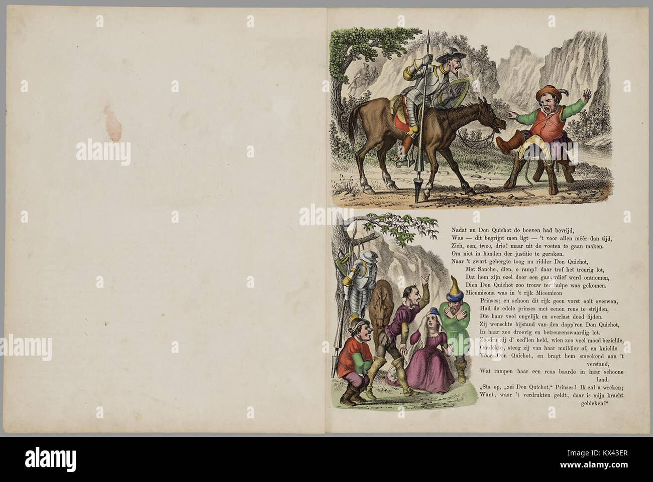 Illustration tirée de 'les merveilleuses aventures de Don Quichotte de la Manche', représentant des scènes du roman avec le chevalier, son cheval et son écuyer. Banque D'Images