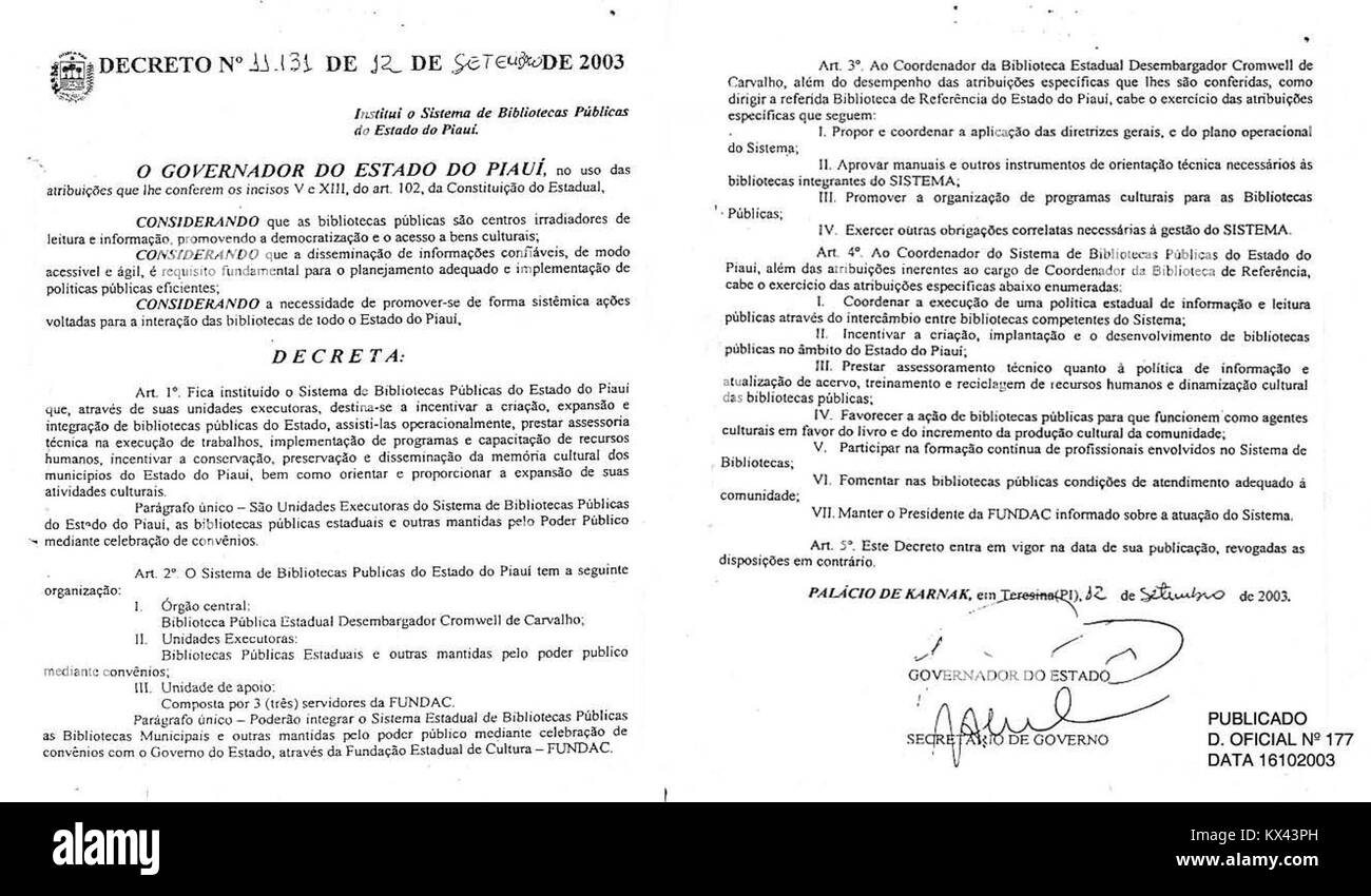 Décret officiel publié par SEBP dans l'État de Piauí, Brésil, détaillant les mesures administratives ou juridiques, les politiques ou les ordonnances pertinentes pour la région. Banque D'Images