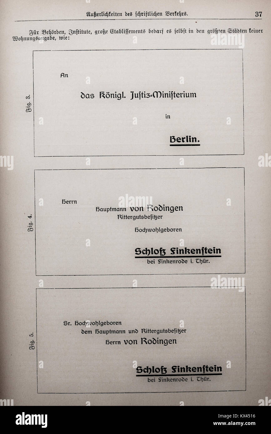 Page 37 de 'Der Haussekretär', édité par Carl Otto, publié à Berlin vers 1900. Cette page fournit un modèle pour une lettre de recommandation, soulignant l'utilité du livre dans des contextes professionnels et académiques. Banque D'Images