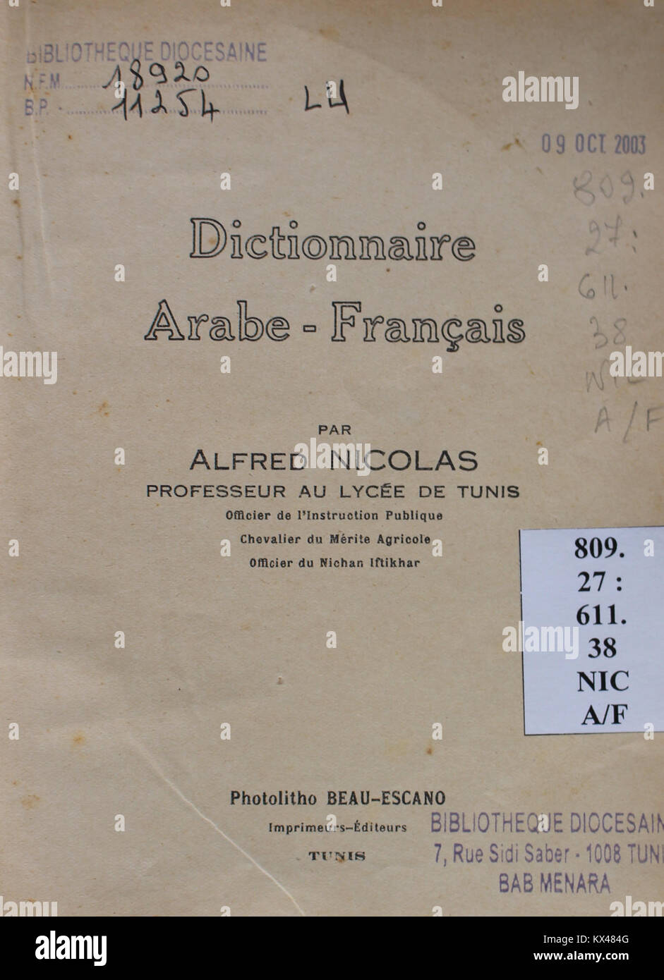 Dictionnaire Arabe-Français par Alfred Nicolas (1938) 02 Banque D'Images