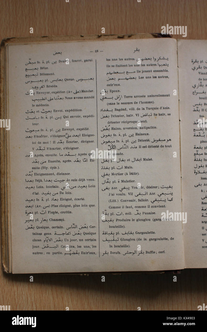 Cette page (p.188) du dictionnaire arabo-français d’Alfred Nicolas fournit des définitions linguistiques, des traductions et des exemples d’usage, illustrant le vocabulaire, la grammaire, et étude linguistique interculturelle en 1938. Banque D'Images