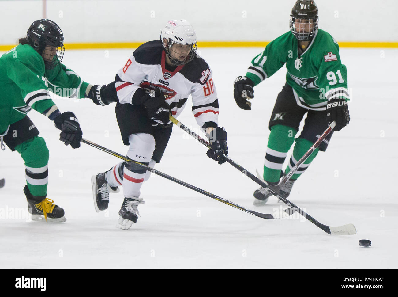 Toronto, Canada. 6 janvier, 2018. Zhao Qinan (C) de rayons chinois Shenzhen Vanke rivalise avec Nicole Brown (L) de Markham Thunder au cours de la 2017-2018 Canadian Women's Hockey League (LCHF) jeu à Markham, Canada, le 6 janvier 2018. Shenzhen Vanke chinois perdu 4-5 rayons. Credit : Zou Zheng/Xinhua/Alamy Live News Banque D'Images