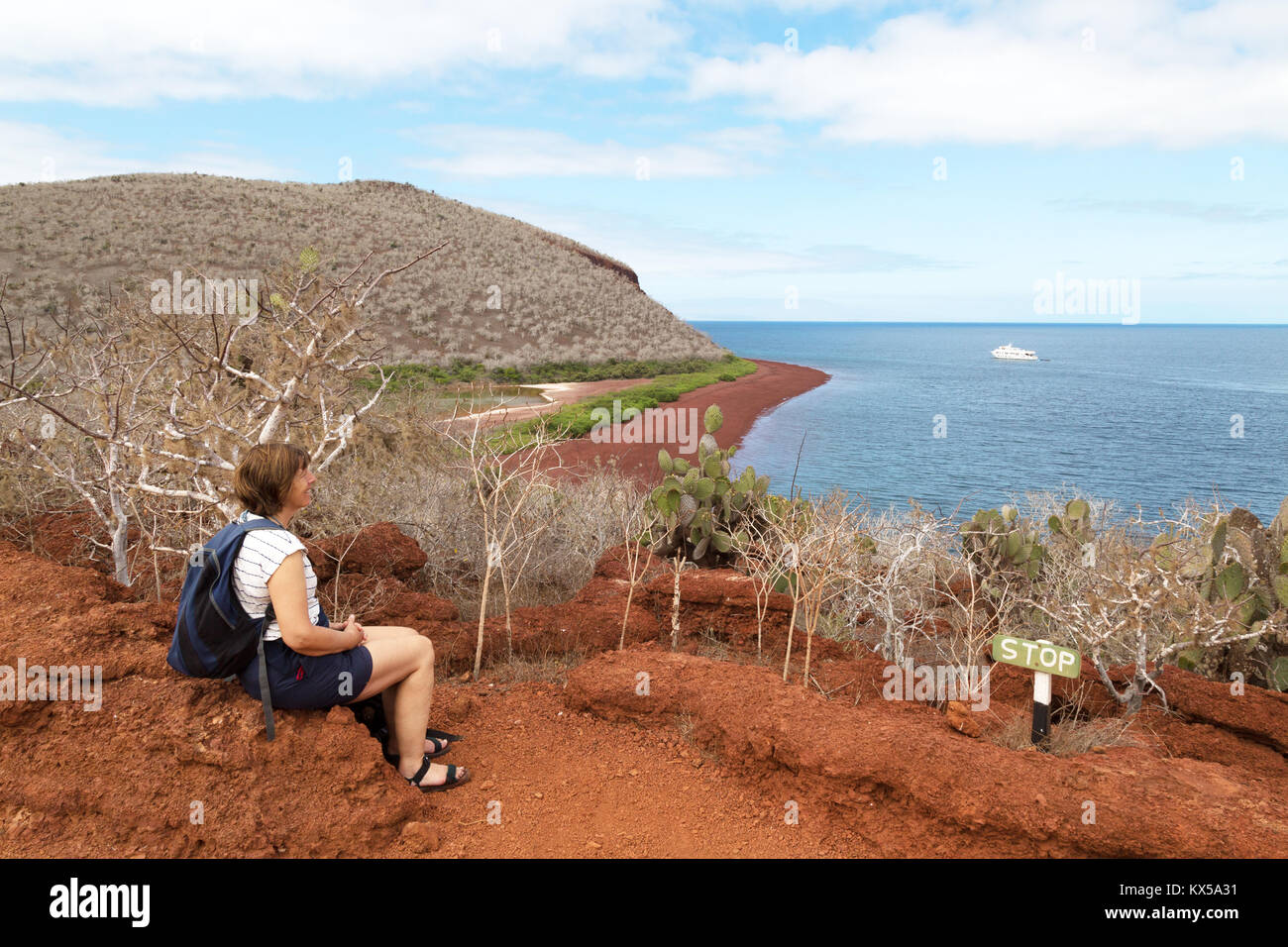 L'île des Galapagos paysage - un touriste en profitant de la vue, l'île de Rabida, îles Galapagos Équateur Amérique du Sud Banque D'Images