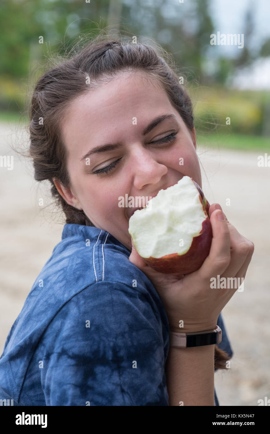 Un bénévole à un verger de manger une pomme fraîchement cueillie et vraiment d'en profiter Banque D'Images