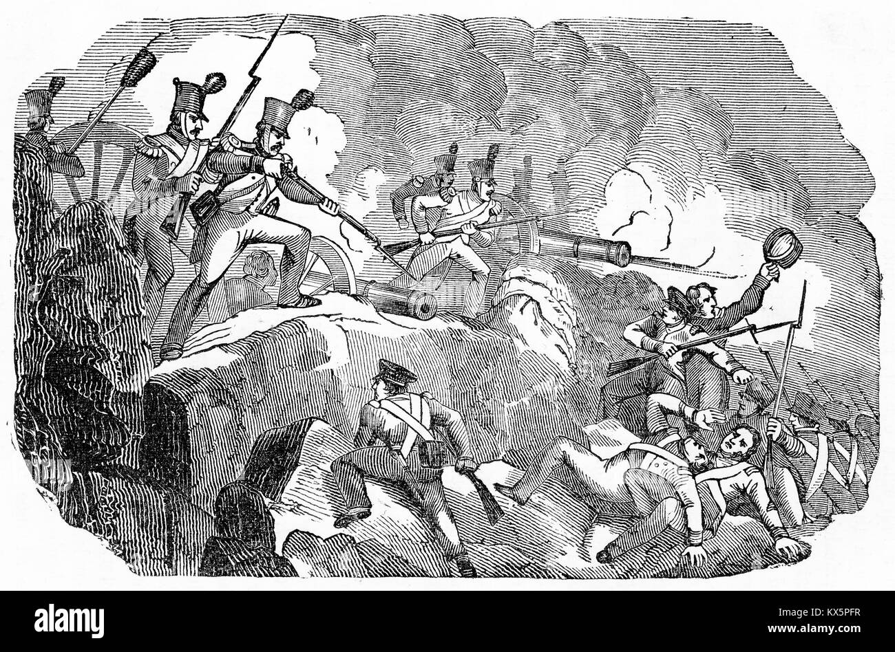 Gravure de soldats américains d'assaut le bosquet de Chapultepec pour briser une fonderie pour la fabrication des canons mexicains, le 7 septembre 1947. À partir d'une nouvelle histoire de la France, par John Lord, 1859. Banque D'Images