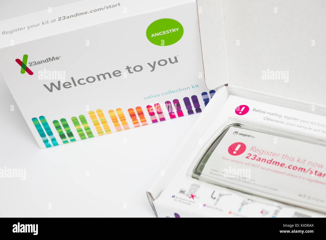 Le contenu d'une trousse d'analyse génétique 23andMe comme vu le 3 janvier 2018. Banque D'Images