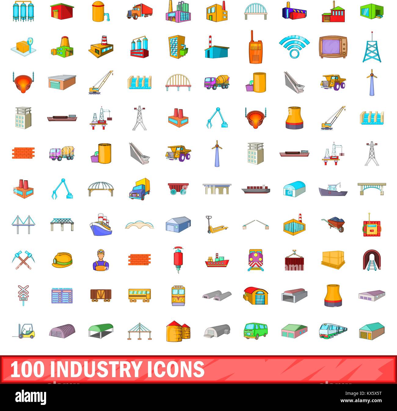 100 icônes de l'industrie, jeu de style cartoon Illustration de Vecteur