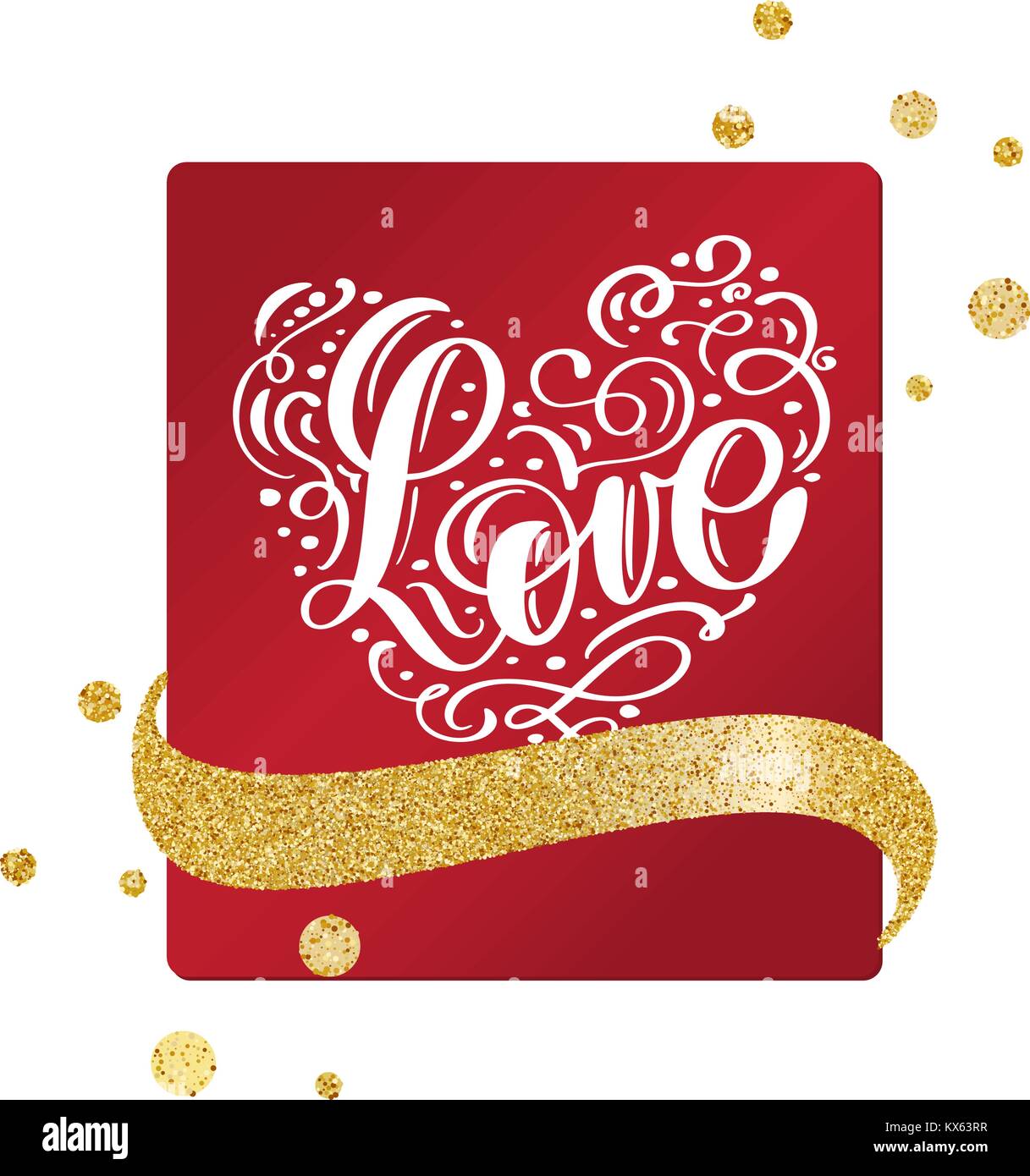 Carte de la Saint-Valentin avec coeur vintage et de l'écriture du ruban d'or de l'amour avec lettrage Illustration de Vecteur