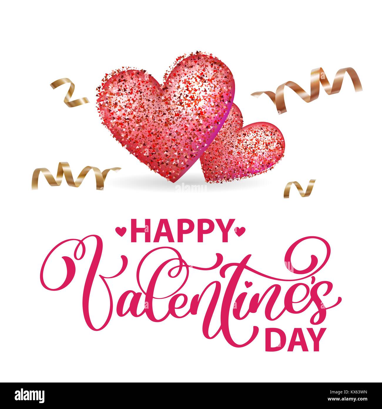 Happy Valentines Day Greeting card romantique avec coeur d'or et la serpentine, typographie poster avec la calligraphie moderne. Vector Illustration Illustration de Vecteur