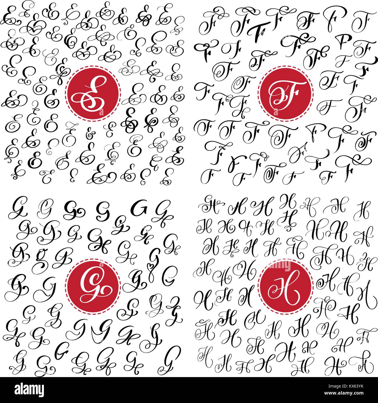 Grand jeu de Hand drawn vector calligraphy lettre E, F, G, H. Script. Lettres isolées avec de l'encre écrite. Brosse à la main. Lettrage à la main pour les logos packaging design poster Illustration de Vecteur