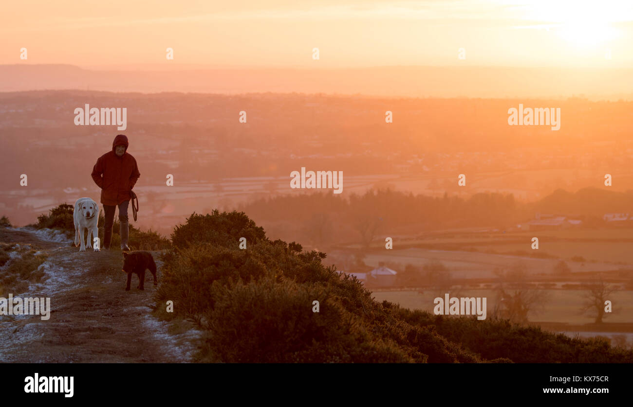 Flintshire, Pays de Galles, Royaume-Uni. 8 janvier, 2018. Météo France : Une autre nuit claire pour beaucoup et une fois de plus répandue des températures de gel. Un marcheur avec deux chiens walkign le long d'un sentier pour les contours de l'âge du fer de Fortin Moel-y-Gaer sur la montagne Halkyn dans Flintshire comme le soleil se brise l'horizon et les inondations le beau paysage avec Crédit : couleur/DGDImages Alamy Live News Banque D'Images