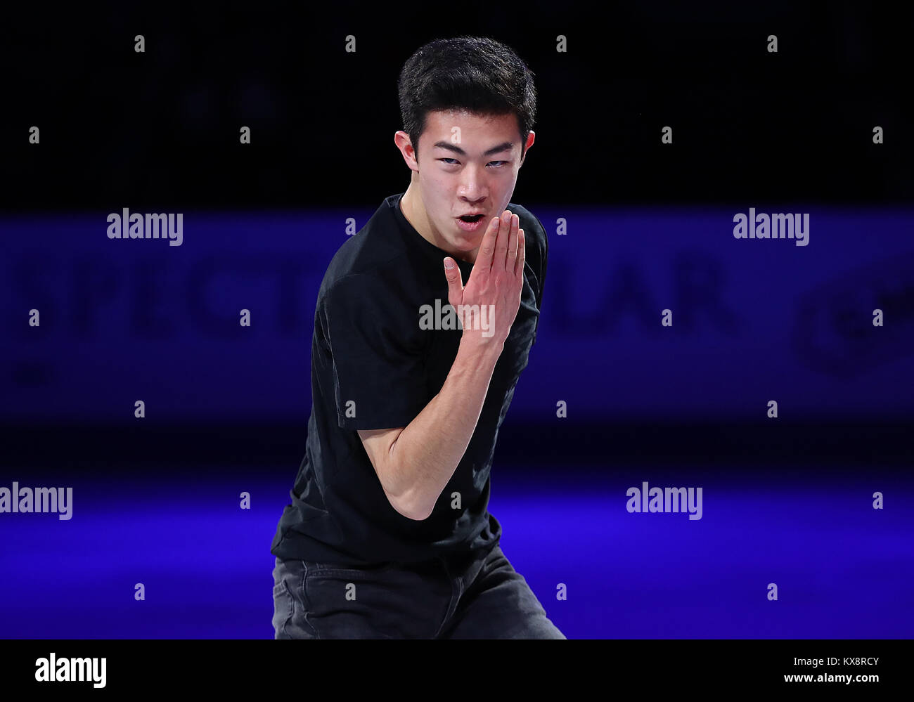 Nathan Chen patins à glace en période d'exposition avant de procéder à l'Jeux olympiques en Corée en 2018. Banque D'Images