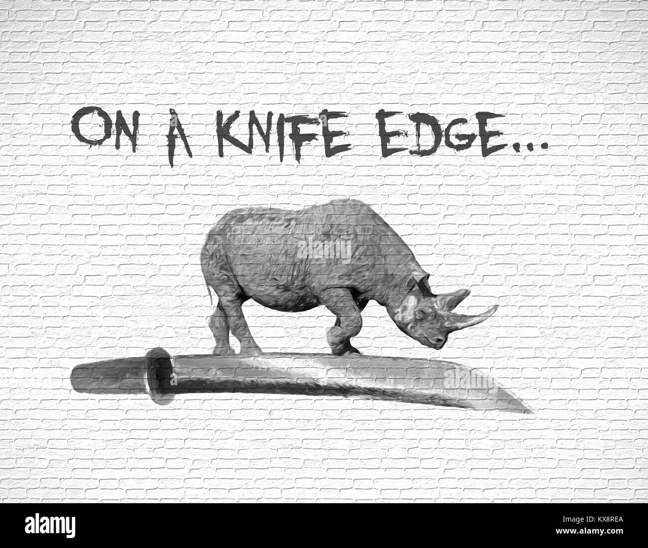 Une illustration d'un rhinocéros debout sur la lame d'un couteau Banque D'Images