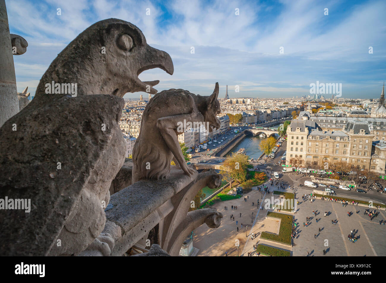 Antenne Paris, vue sur la ville depuis la galerie de la Tour Ouest de la Cathédrale notre Dame, France. Banque D'Images