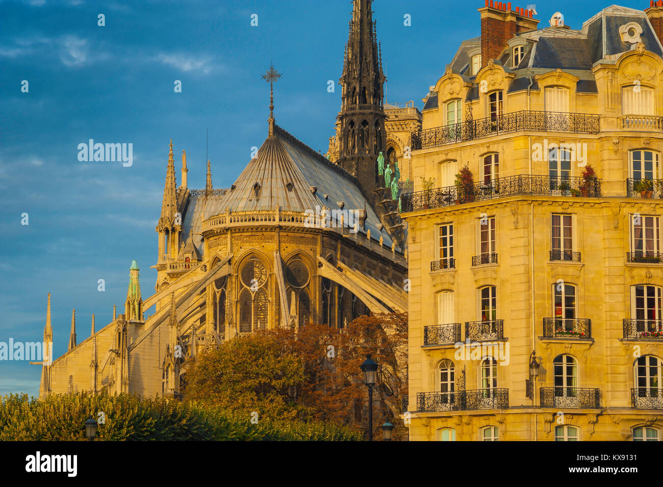L'architecture de Paris, l'est de la Cathédrale Notre Dame à côté d'un immeuble typique du xixe siècle sur l'Ile de la Cité à Paris, France. Banque D'Images