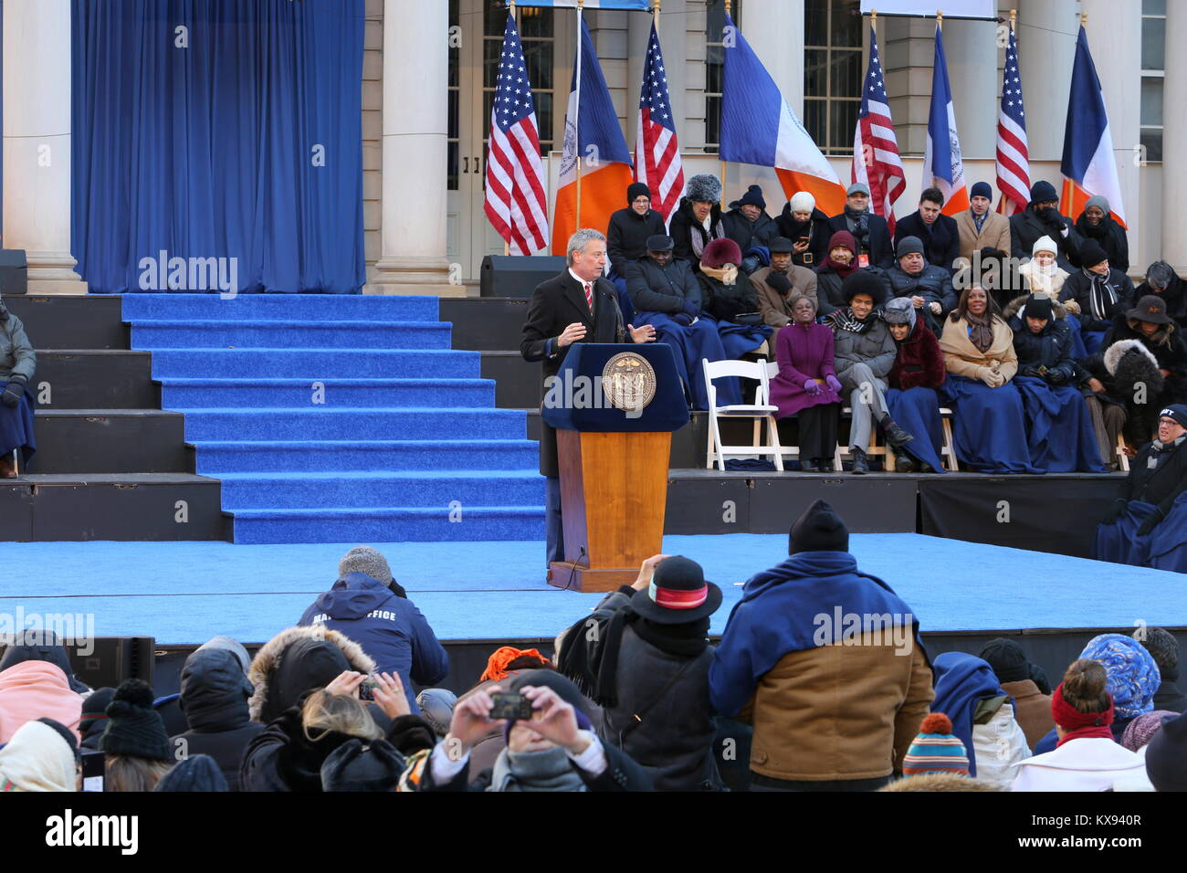 Nouvelle Année 2018 : Maire De Blasio assermenté pour la deuxième cérémonie à l'Hôtel de Ville à long terme Banque D'Images