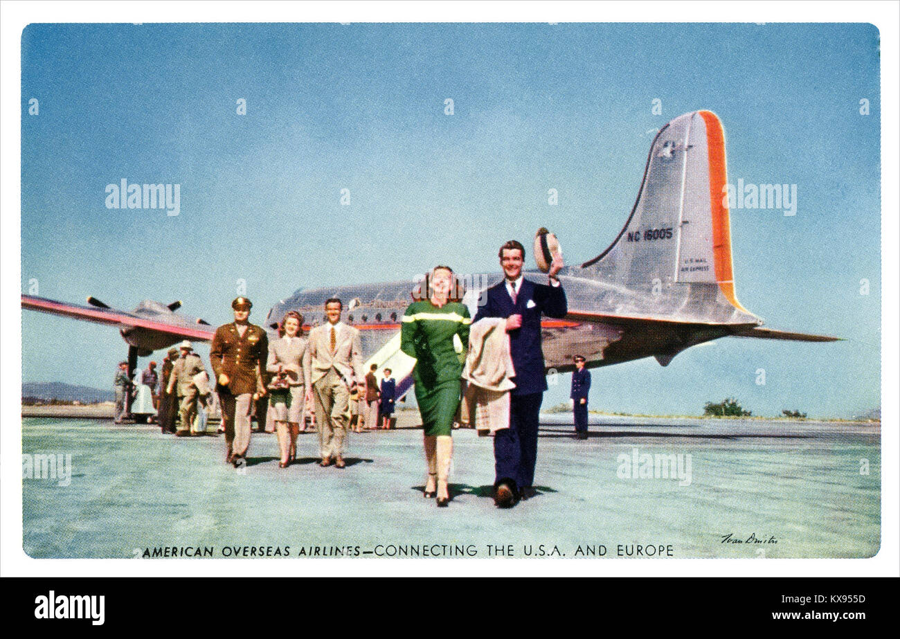 Carte postale publicitaire pour l'American Overseas Airlines. L'aéronef est un Douglas DC-3, NC 16005 Maine "Phare". Banque D'Images