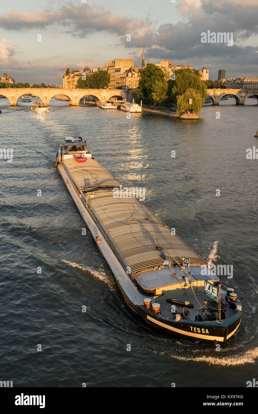 Péniche sur la Seine, avec l'Ile de la Cité et Port Neuf derrière, Paris, France Banque D'Images