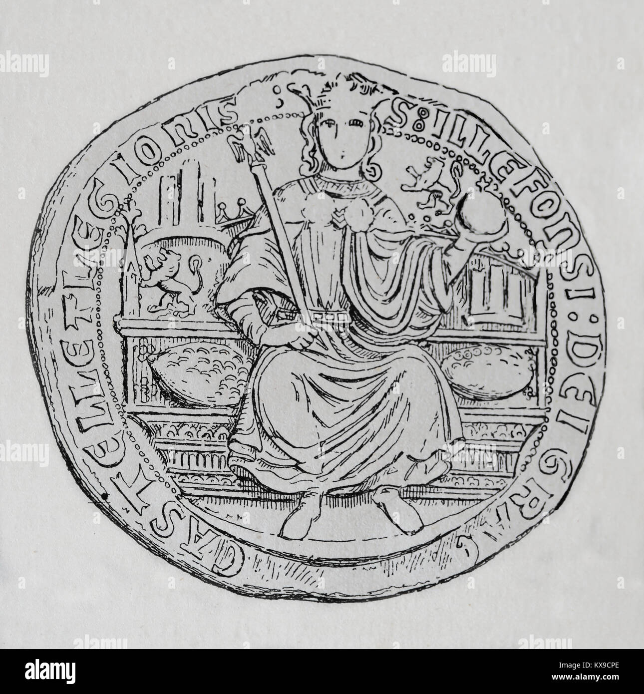 Alphonse XI de Castille (1311-1350) "Le vengeur". Roi de Castille, Léon et Galice. Stamp. Gravure, 1879 Banque D'Images