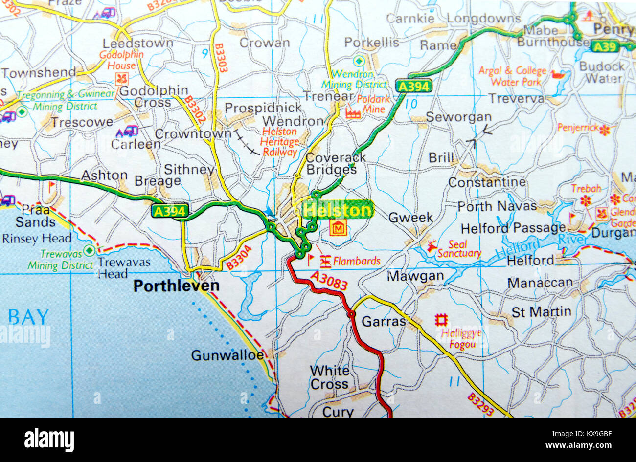 Carte routière de Helston, Cornwall, sud-ouest, l'Angleterre. Banque D'Images