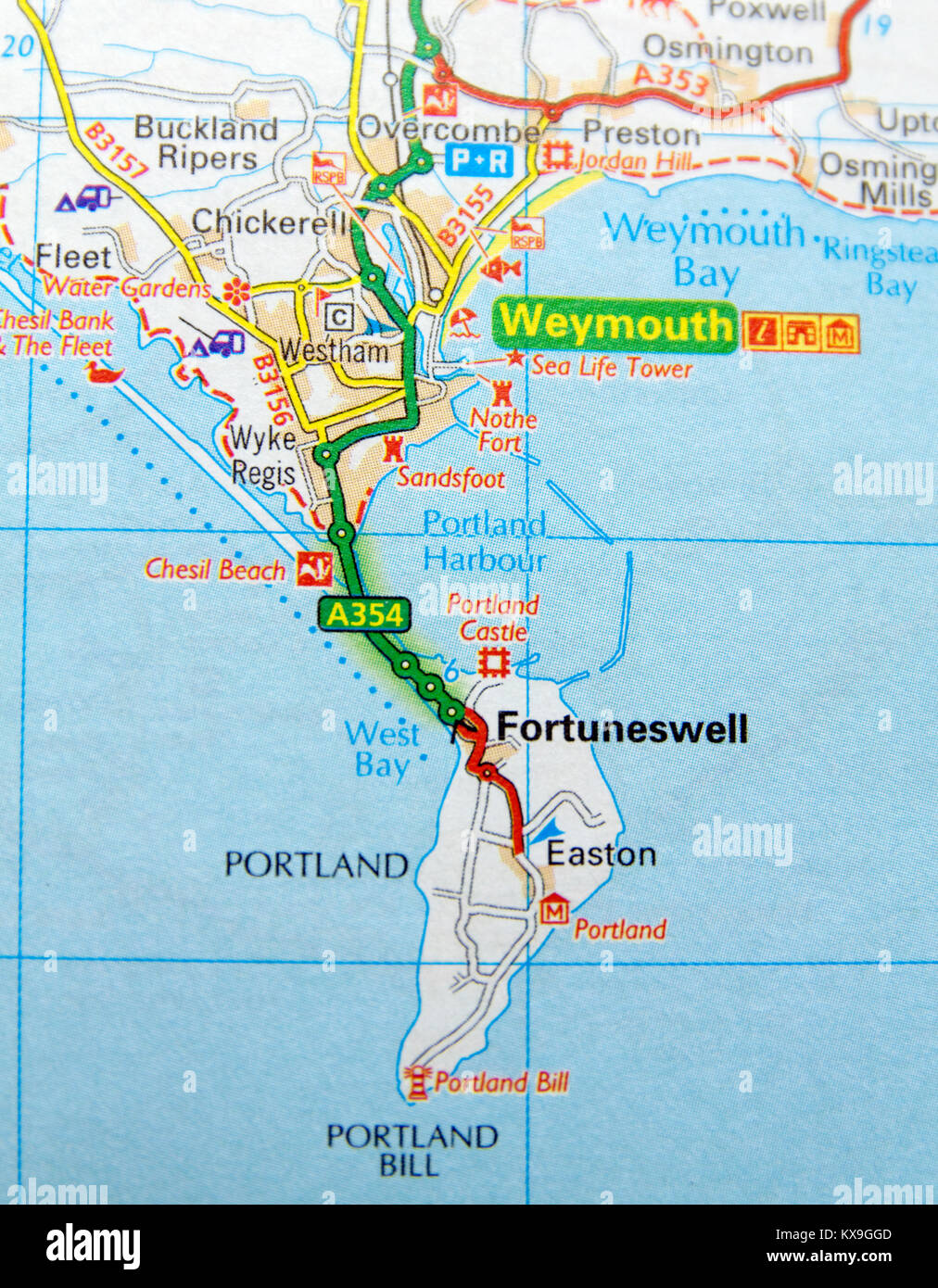 Carte routière de Weymouth et Portland, en Angleterre. Banque D'Images