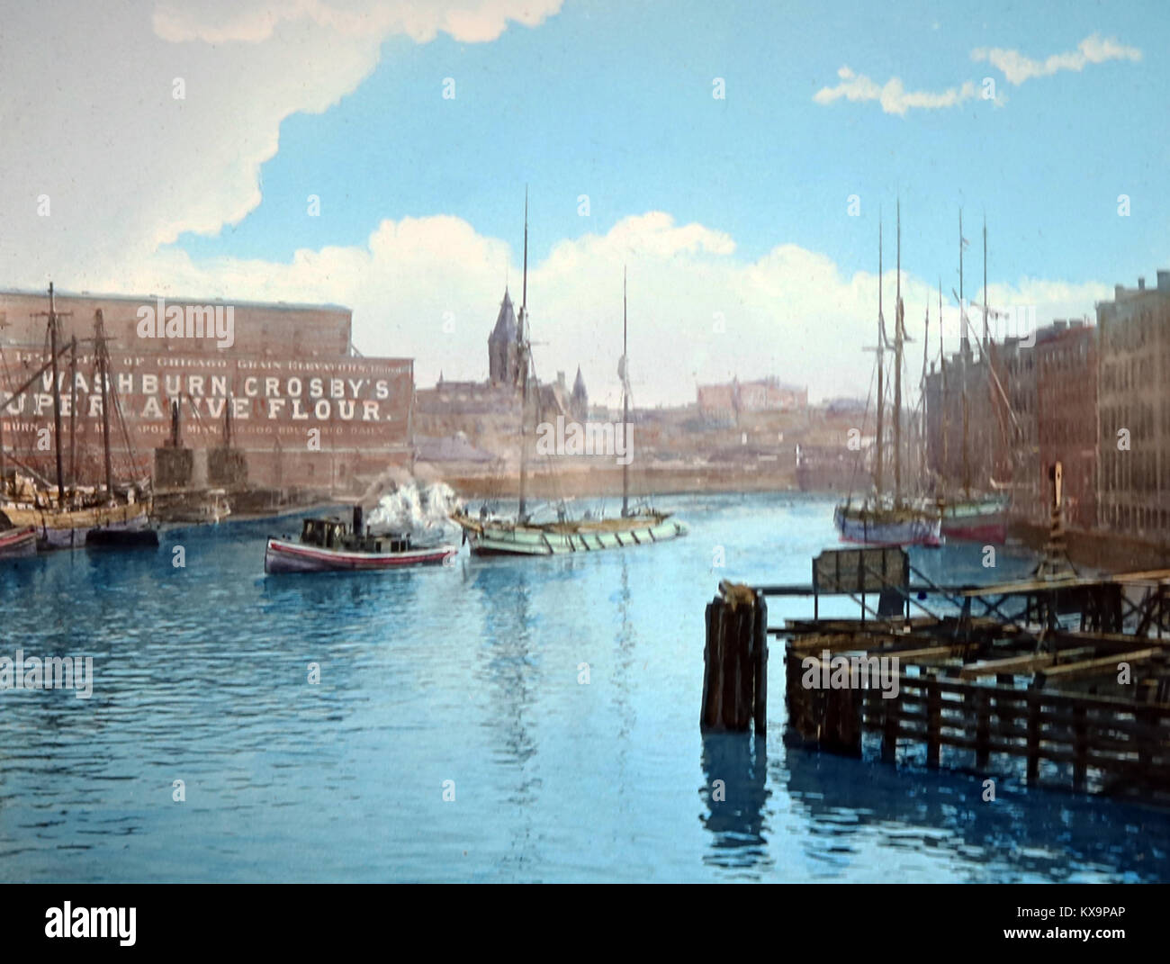 Les quais de Chicago, début des années 1900, photo couleur main Banque D'Images