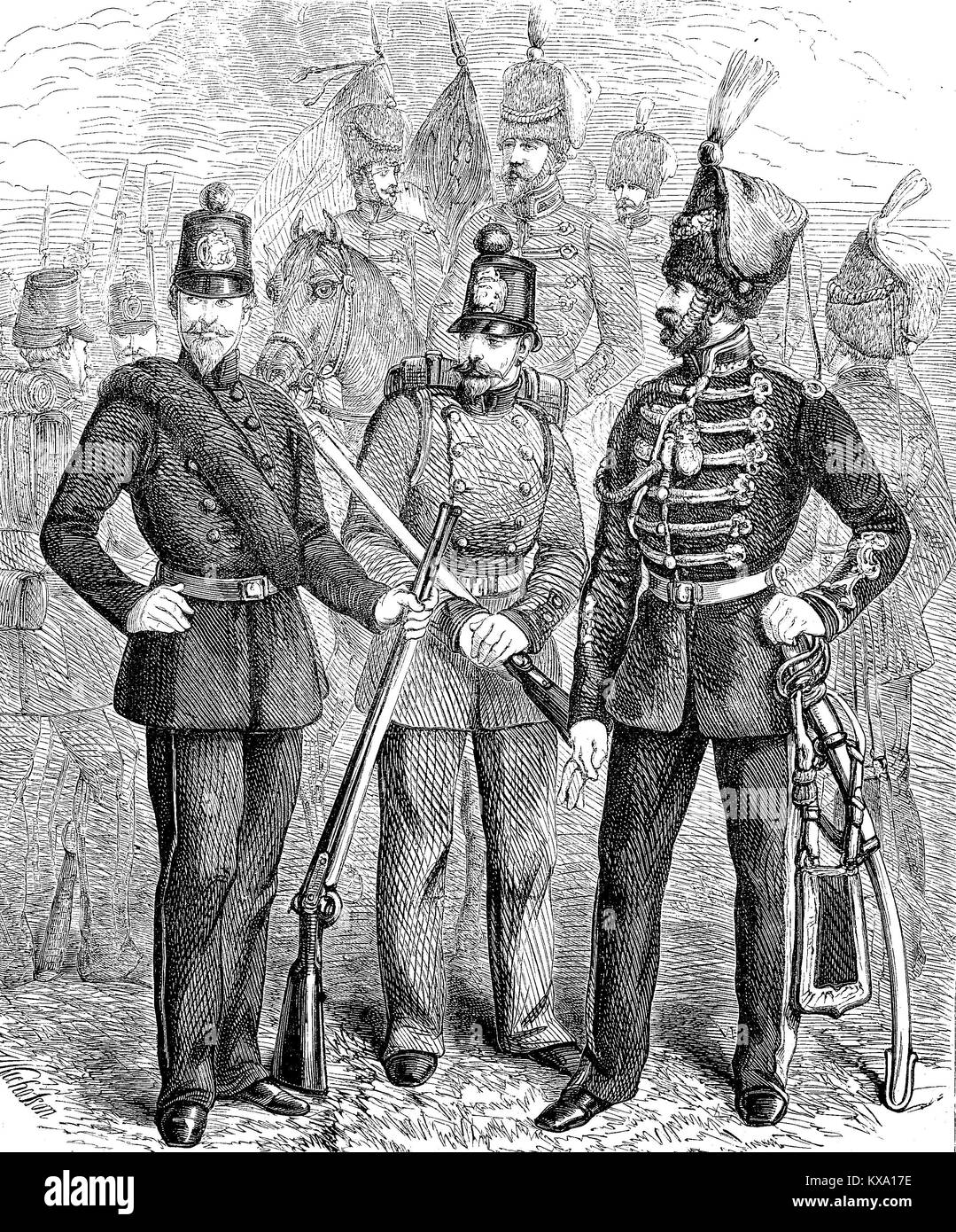 Les hommes de la Légion étrangère allemand et anglais en uniforme, l'amélioration numérique reproduction à partir d'un original gravure sur bois ou de l'illustration à partir de l'année 1880 Banque D'Images