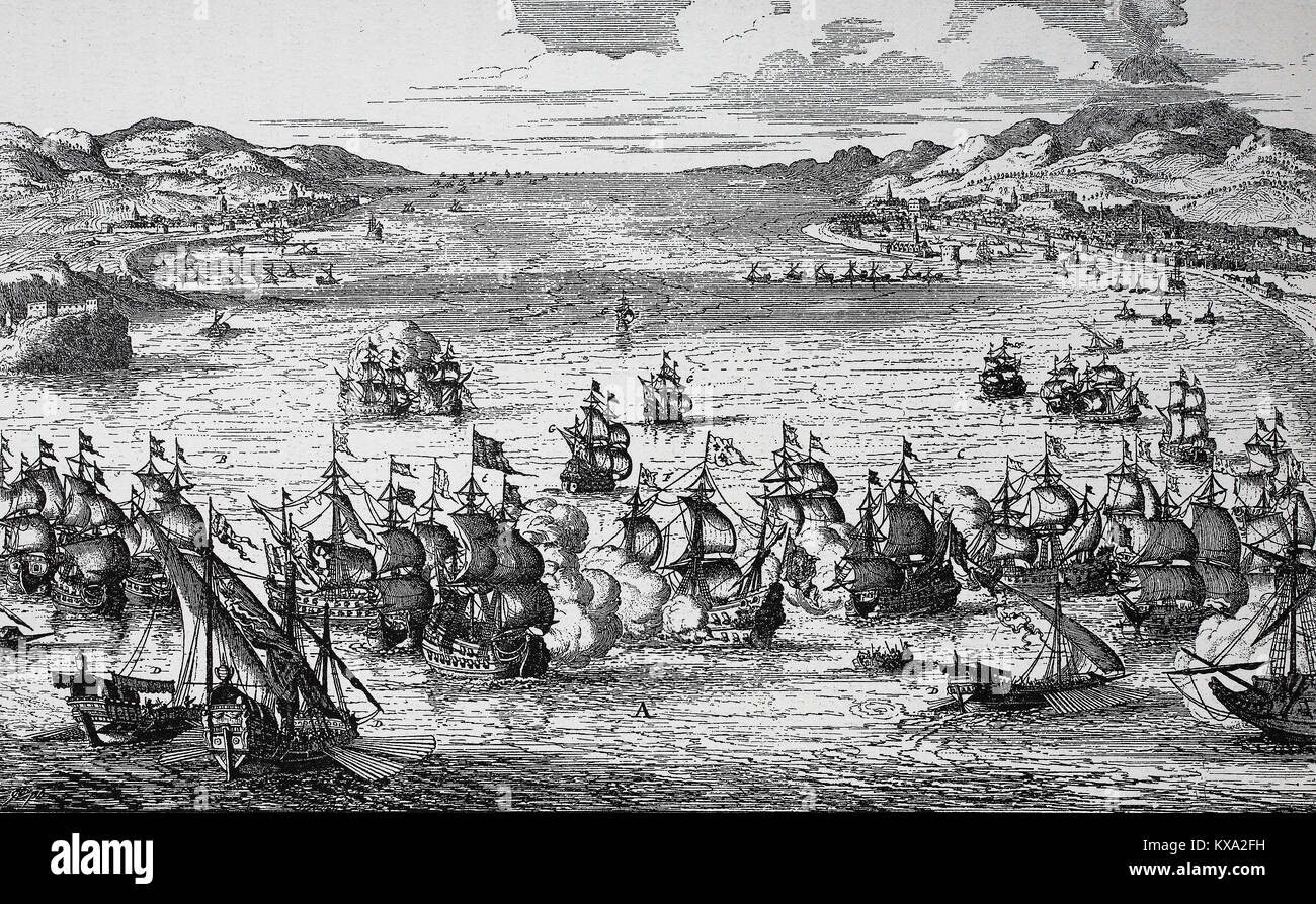 Bataille navale entre les marines française et néerlandaise à Syracuse le 22 avril 1676, dans laquelle l'amiral Michiel de Ruyter Adrianszoon est mort, gravure par Jan Luyken, amélioration numérique reproduction à partir d'un original gravure sur bois ou de l'illustration à partir de l'année 1880 Banque D'Images