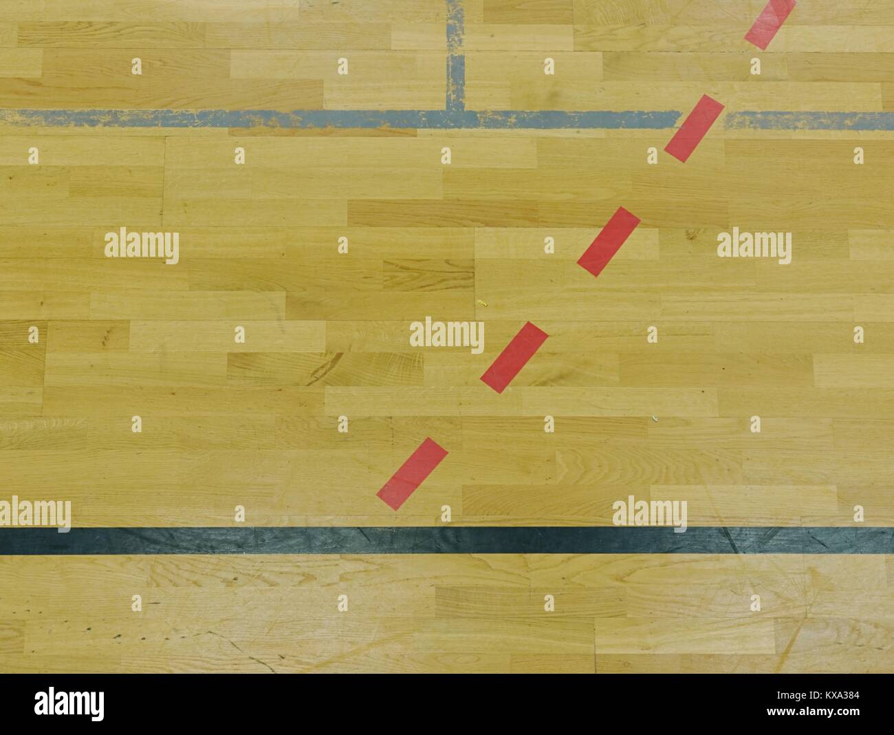 Rouge Blanc et des lignes colorées dans une salle de sport. Plancher en bois usé du hall sportif avec des lignes de marquage coloré Banque D'Images