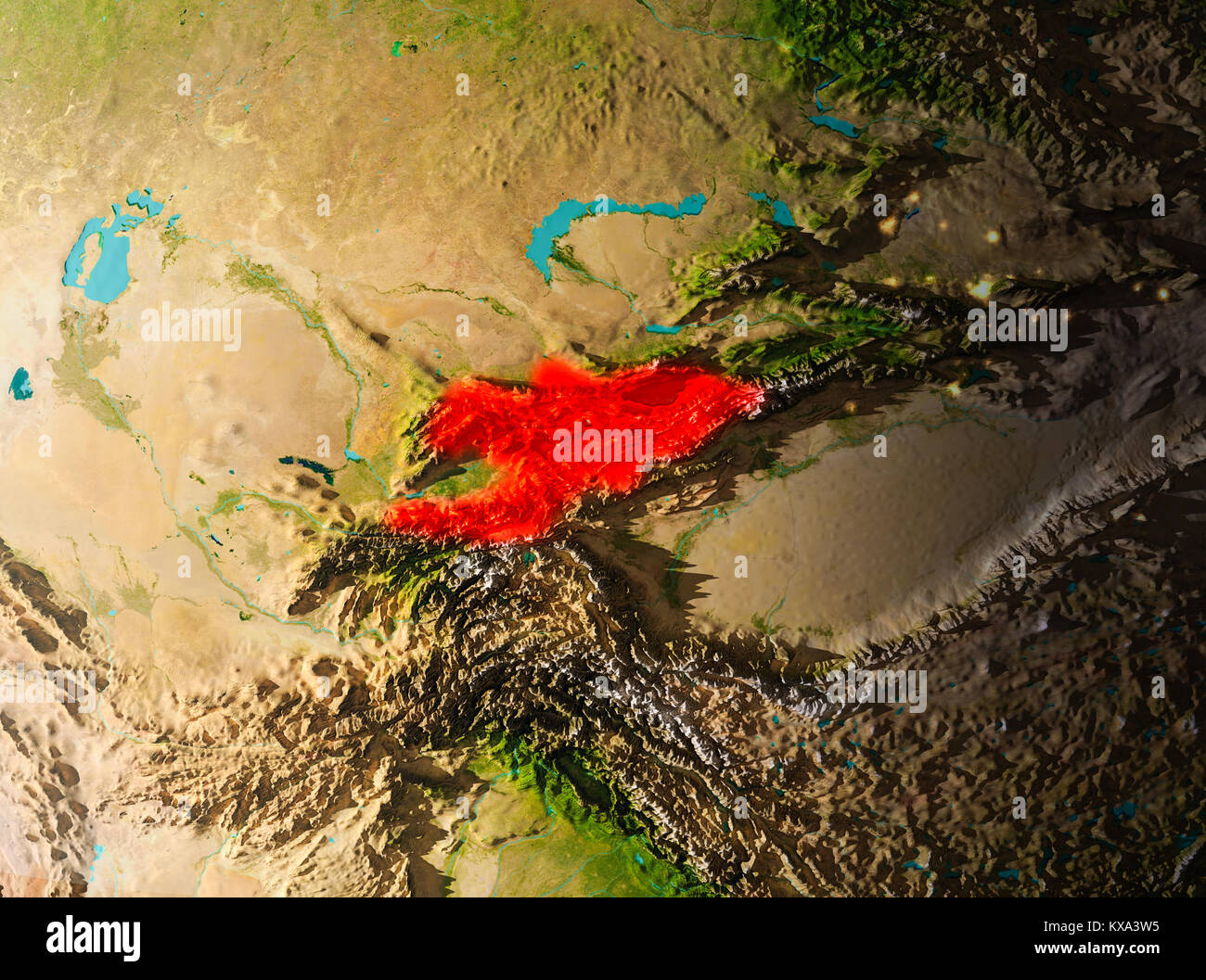 Le Kirghizistan in early morning light en rouge sur la planète Terre. 3D illustration. Éléments de cette image fournie par la NASA. Banque D'Images