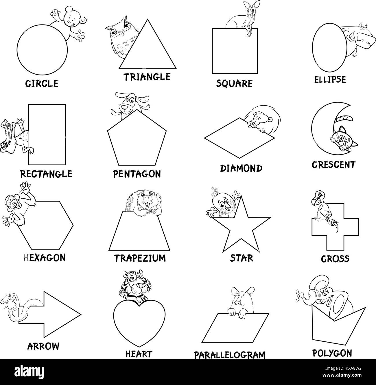 Caricature d'illustration de formes géométriques de base avec des légendes et des personnages d'animaux pour les enfants Illustration de Vecteur