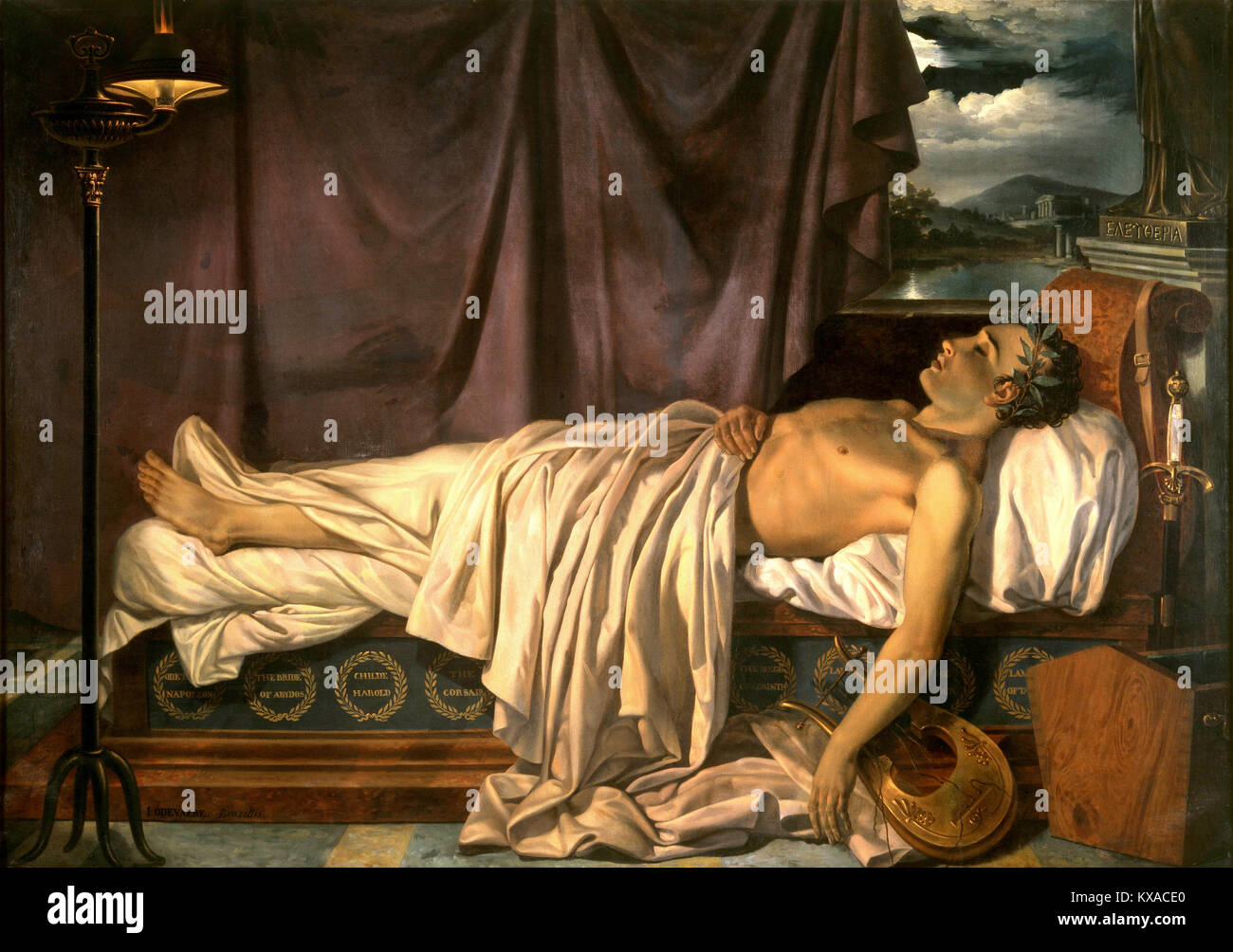 Lord Byron sur son lit de mort, George Gordon Byron, Lord Byron, était un poète anglais Banque D'Images