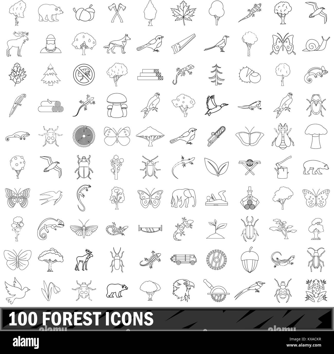 Forêt 100 icons set style du contour, Illustration de Vecteur