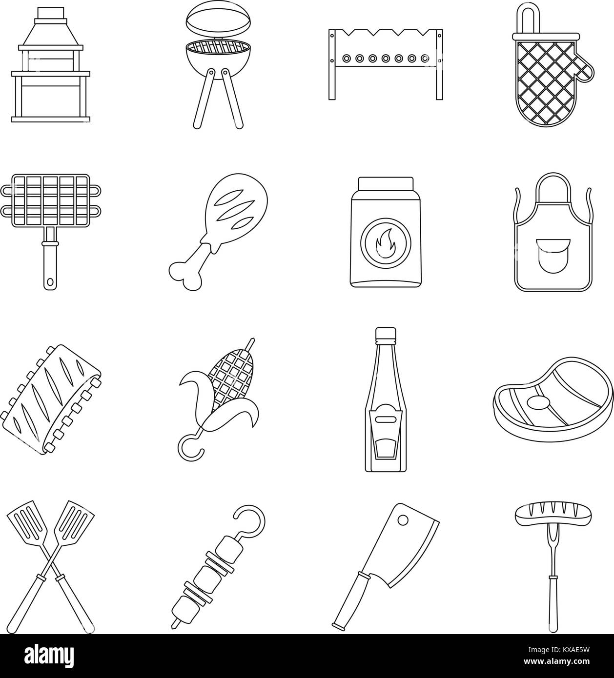 Installations pour Barbecue, set d'icônes alimentaire style contour Illustration de Vecteur