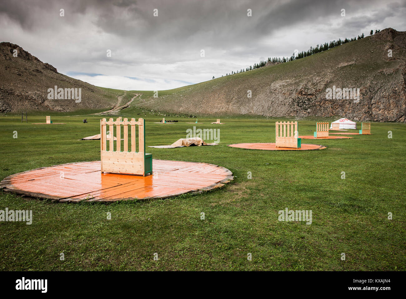 Démantelé ger (yourte) camp de fin de 2017 Voyage d'été, Bunkhan, Bulgan, Mongolie Banque D'Images
