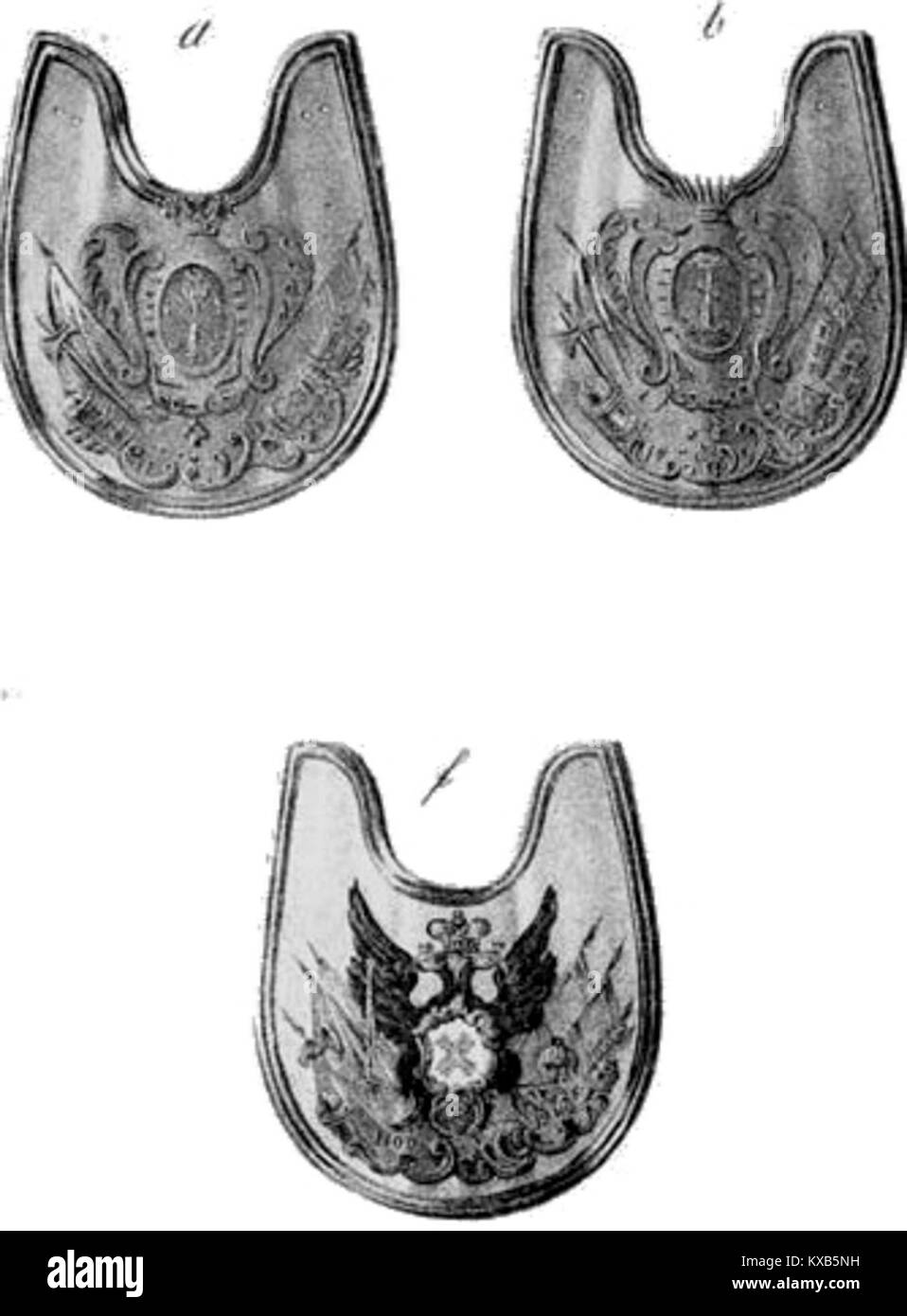 Illustration d'un livre historique montrant des uniformes et des armes des troupes russes, représentant des vêtements militaires, des armures et des équipements de divers régiments et périodes historiques. Banque D'Images