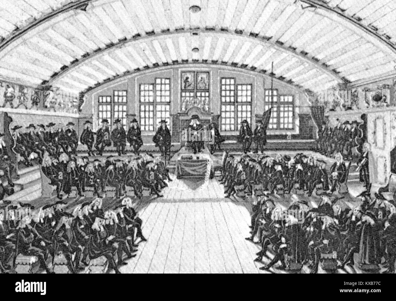 Cette gravure de 1735 représente le Grand Concile de Berne, en Suisse, montrant les membres du conseil assis dans une salle officielle lors d'une session parlementaire. Banque D'Images