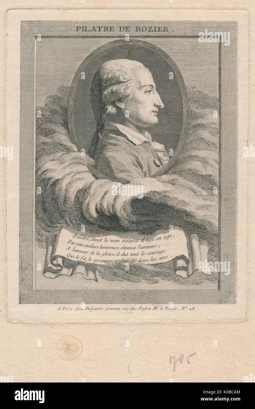 Jean-François Pilâtre de Rozier (1757-1785) est un pionnier français de l'aviation, connu pour avoir réalisé le premier vol en ballon libre habité. Ses réalisations marquent un moment clé dans l’histoire de l’aéronautique. Banque D'Images