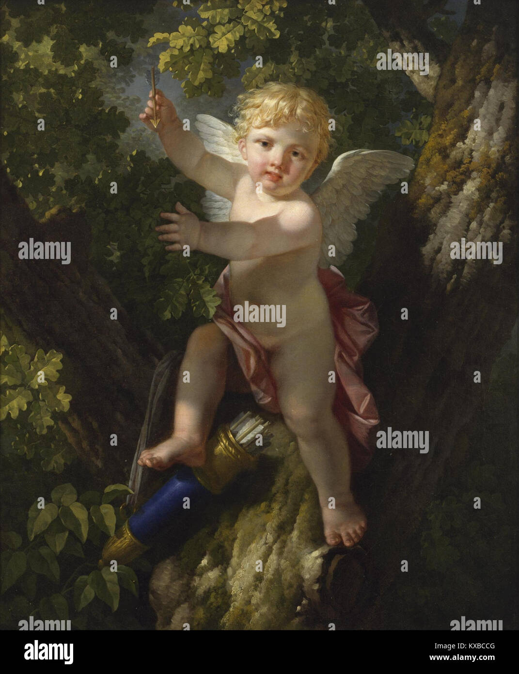 La peinture de Jean-Jacques-François le Barbier « Cupidon in a Tree » représente la figure mythologique de Cupidon dans une scène classique romantique, mettant en lumière les thèmes de l'amour et de la mythologie dans le français du XVIIIe siècle Banque D'Images