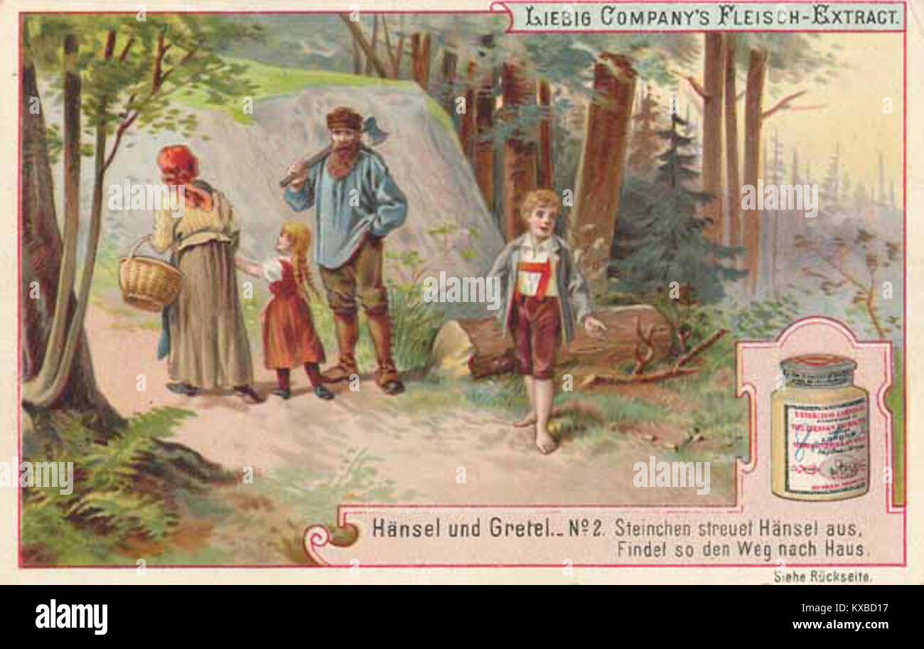 Une carte Liebig de 1896 de la série Märchen-Sagen-Fabeln, représentant le conte de fées 'Hansel et Gretel' (Hänsel und Gretel), qui fait partie des cartes publicitaires de collection de la société Liebig. Banque D'Images