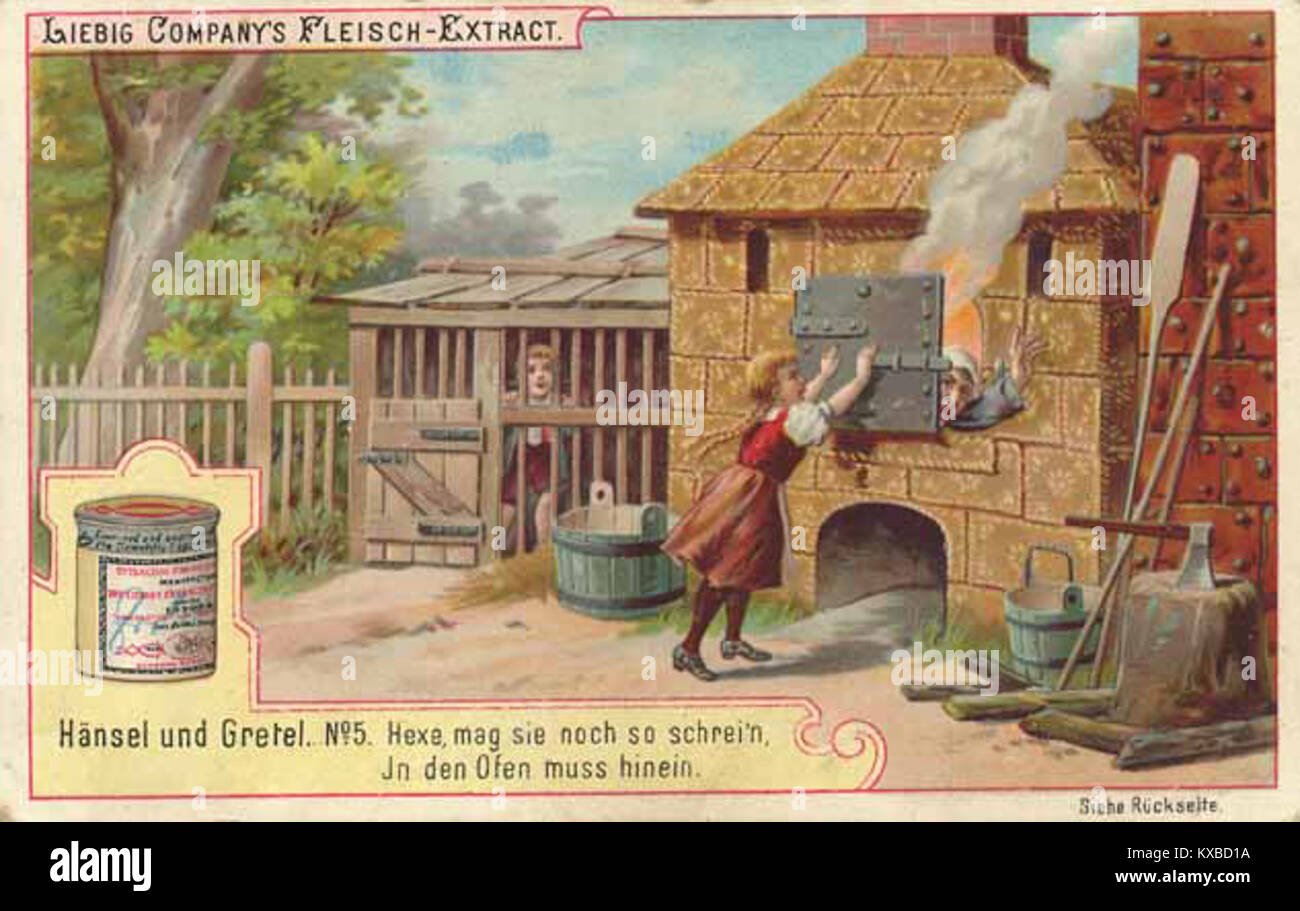 Cette image de l'édition 1896 de *Liebigbild* représente une scène clé de *Hansel et Gretel*, illustrant les thèmes de l'aventure et de la survie dans ce conte de fées bien connu. Banque D'Images