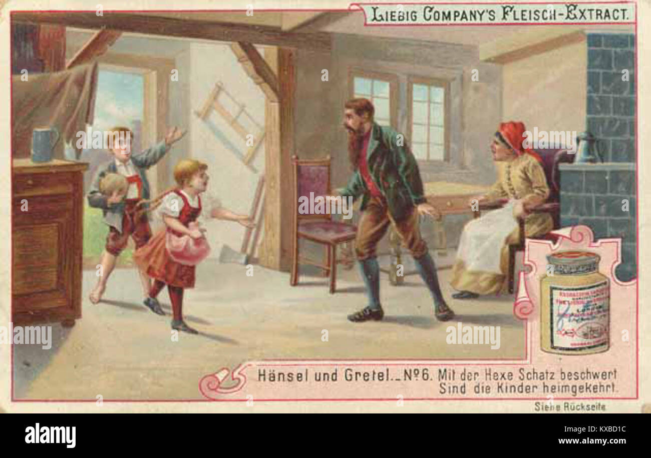 Une carte Liebig de 1896 de la série Märchen-Sagen-Fabeln, illustrant le conte de fées Hänsel und Gretel. Ces cartes à collectionner ont été émises avec les produits à base d’extraits de viande Liebig. Banque D'Images