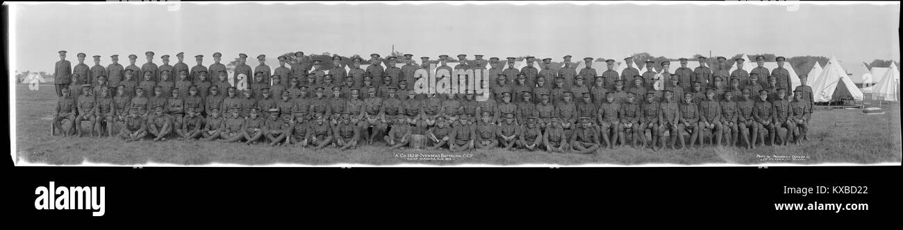 Photographie historique montrant des membres du 162e Bataillon pendant des exercices d'entraînement militaire, illustrant l'organisation et la préparation de l'armée au début du XXe siècle. Banque D'Images