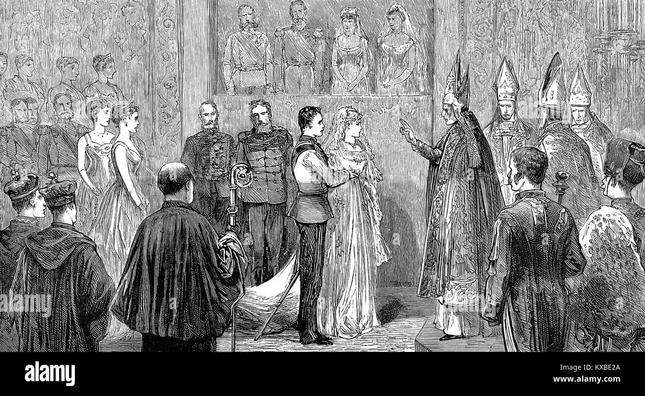 Cette photographie historique commémore le mariage de la princesse Stéphanie de Belgique et de l'archiduc Rodolphe d'Autriche, qui a eu lieu le 10 mai 1881. Leur mariage est une union politique et culturelle importante dans l'histoire royale européenne. Banque D'Images