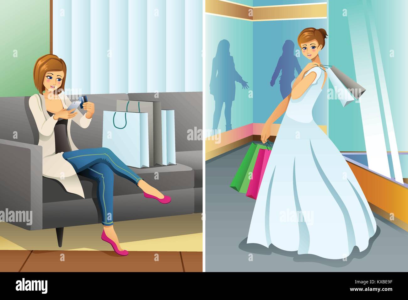 Un vecteur illustration de Woman Shopping Online et au Mall pour son mariage Illustration de Vecteur