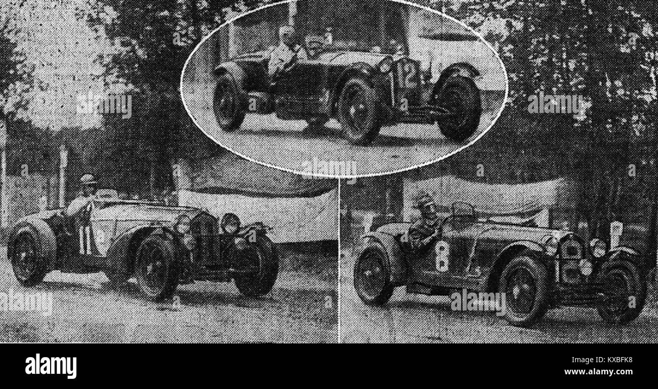 Le podium des 24 heures du Mans 1933 mettait Sommer-Nuvolari en première place avec la voiture #11, suivie par la deuxième place de la voiture #8 et la troisième place de la voiture #12. Cette course emblématique a marqué un moment important dans l’histoire du sport automobile, mettant en valeur les prouesses de ses pilotes et l’endurance nécessaire pour concourir au Mans. Banque D'Images