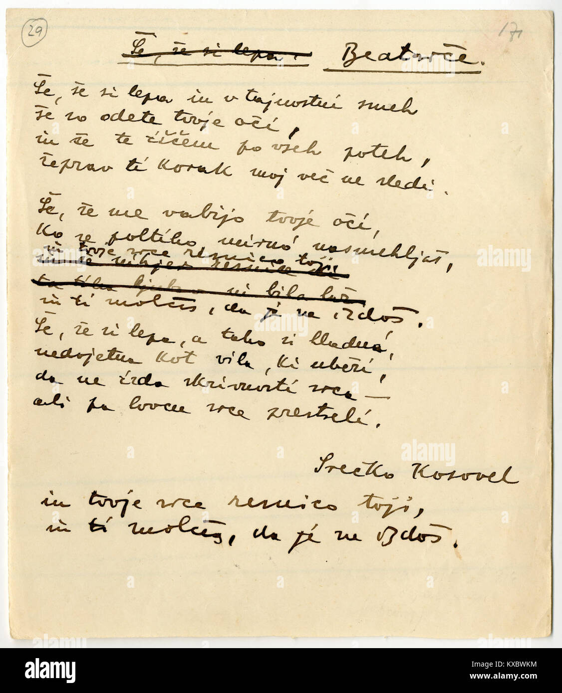 Le poème Beatrice (še, še si lepa ?) de Srečko Kosovel est une pièce littéraire slovène exprimant la beauté et l'émotion à travers un langage symbolique et un style moderniste. Banque D'Images